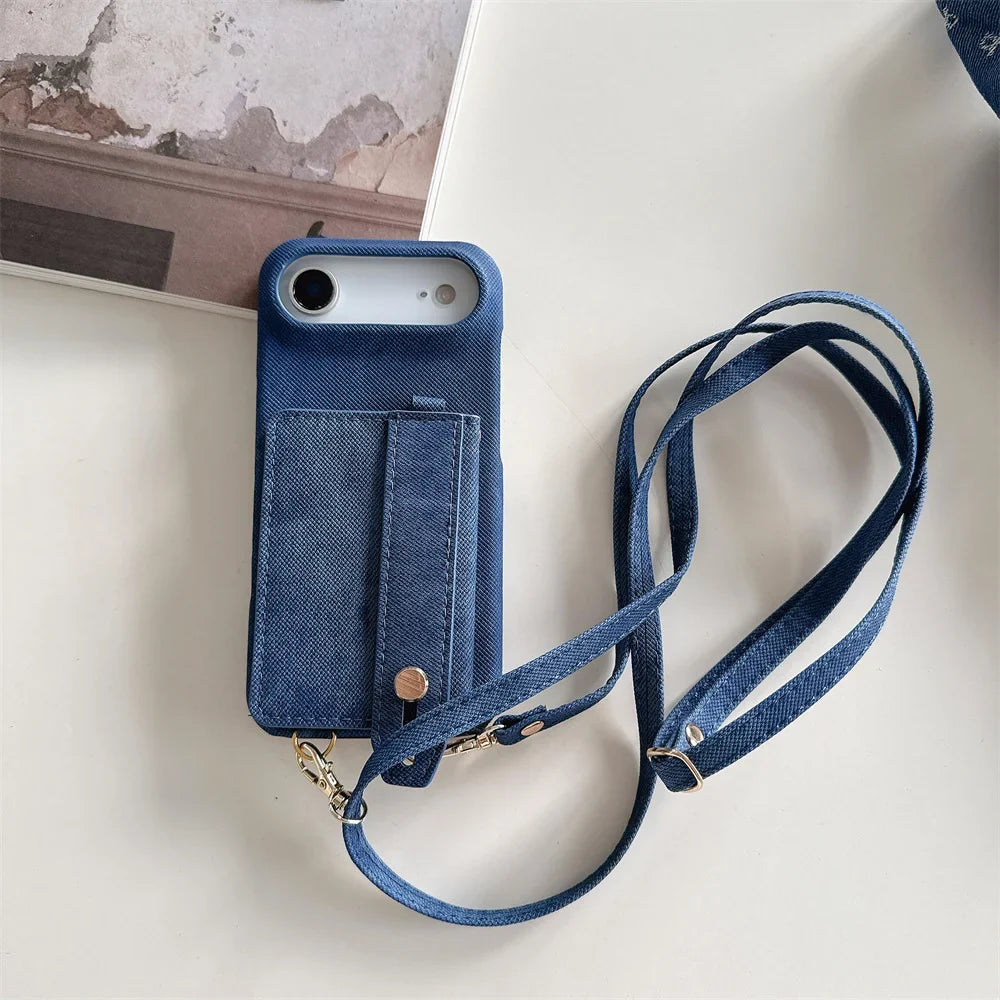 Denim Crossbody iPhone Case with Card Holder Wallet and Detachable Lanyard Strap