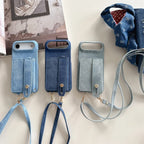 Denim Crossbody iPhone Case with Card Holder Wallet and Detachable Lanyard Strap