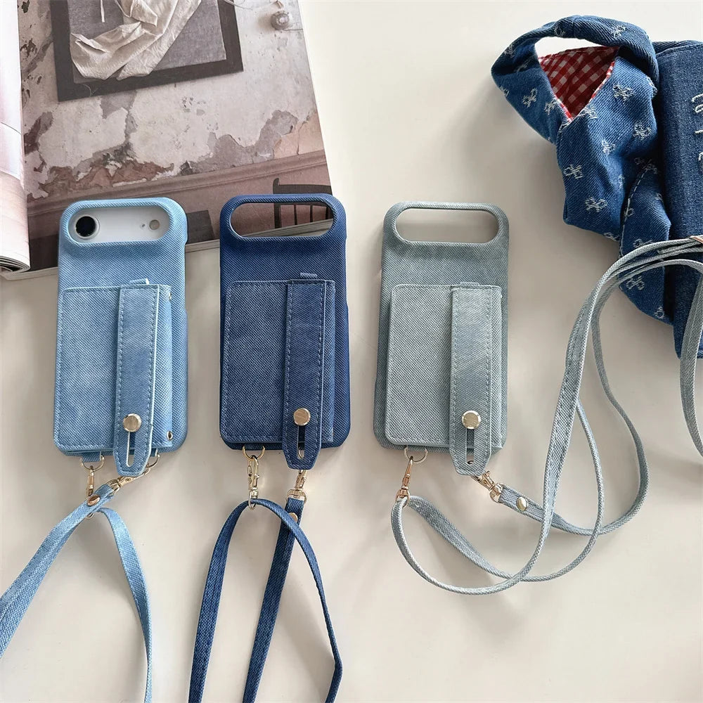 Denim Crossbody iPhone Case with Card Holder Wallet and Detachable Lanyard Strap