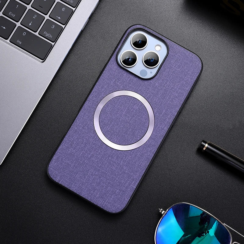 Linen Texture MagSafe iPhone Case with Raised Camera Frame and Lens Guard