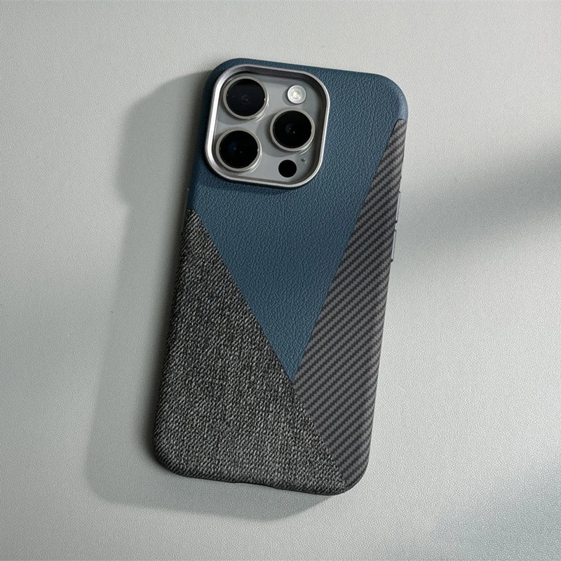 Carbon Fiber Style iPhone Case with Leather and Fabric Panels and Metal Camera Frame