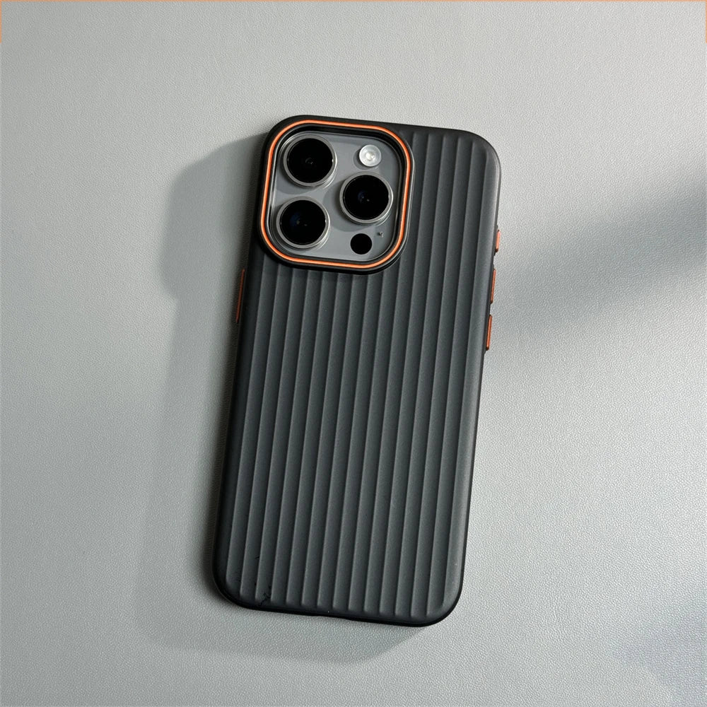 Ribbed Stripe iPhone Case with Metal Style Camera Frame and Button Covers