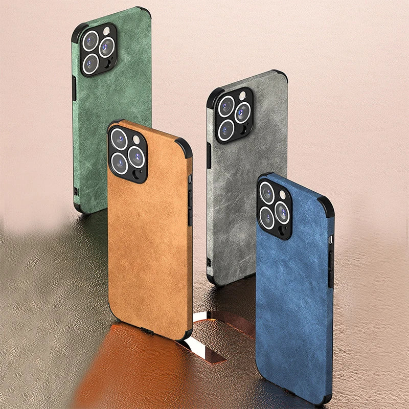 Suede Leather Texture iPhone Case with Metal Camera Lens Frame and Shockproof Corners