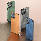 Suede Leather Texture iPhone Case with Metal Camera Lens Frame and Shockproof Corners