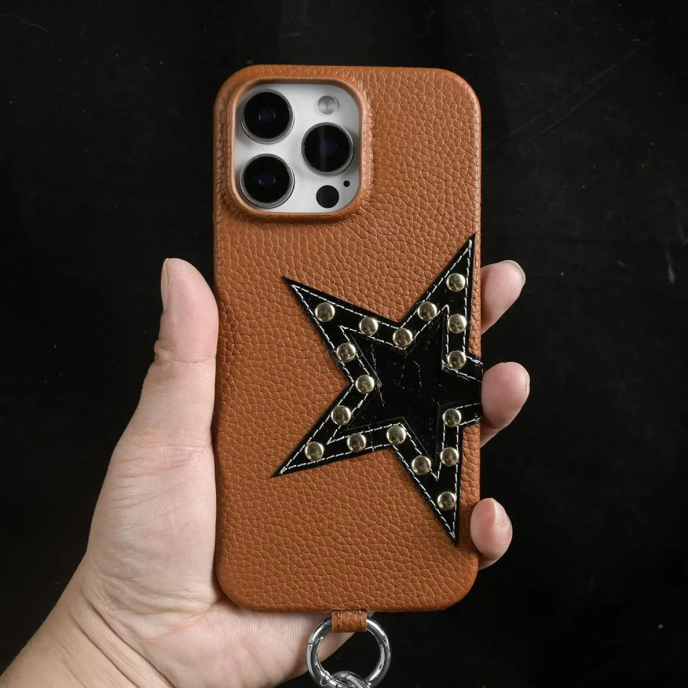 Studded Star iPhone Case with Leather Texture and Detachable Crossbody Lanyard