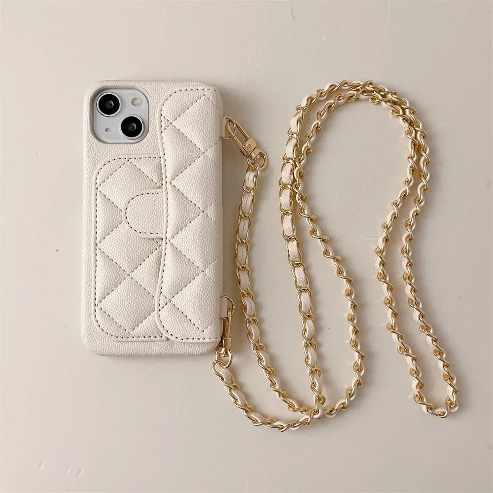 Quilted Crossbody iPhone Case with Card Holder Wallet and Detachable Chain Strap