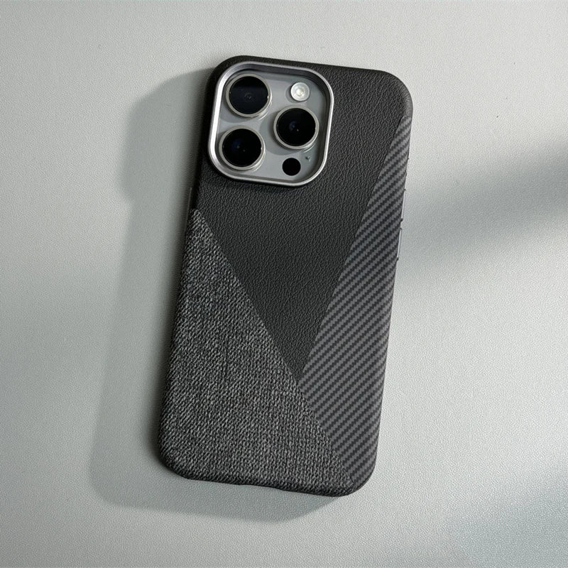 Carbon Fiber Style iPhone Case with Leather and Fabric Panels and Metal Camera Frame