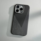 Carbon Fiber Style iPhone Case with Leather and Fabric Panels and Metal Camera Frame