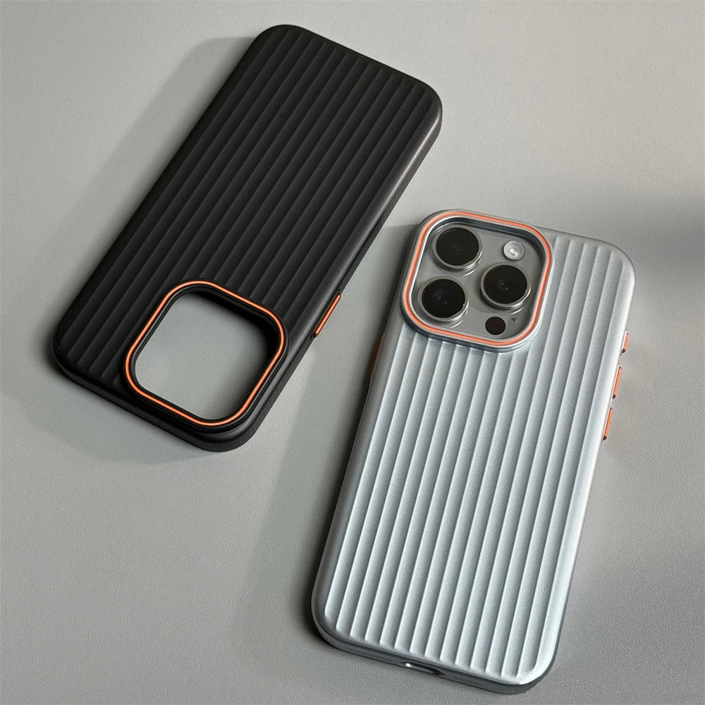 Ribbed Stripe iPhone Case with Metal Style Camera Frame and Button Covers