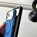 Denim Texture MagSafe iPhone Case with Rotating Ring Stand and Camera Lens Frame
