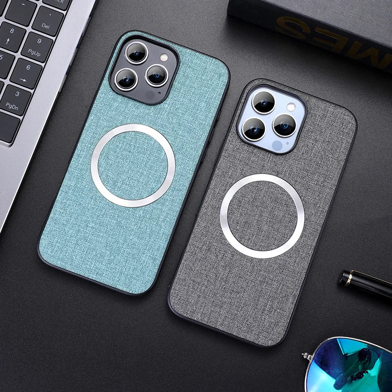Linen Texture MagSafe iPhone Case with Raised Camera Frame and Lens Guard