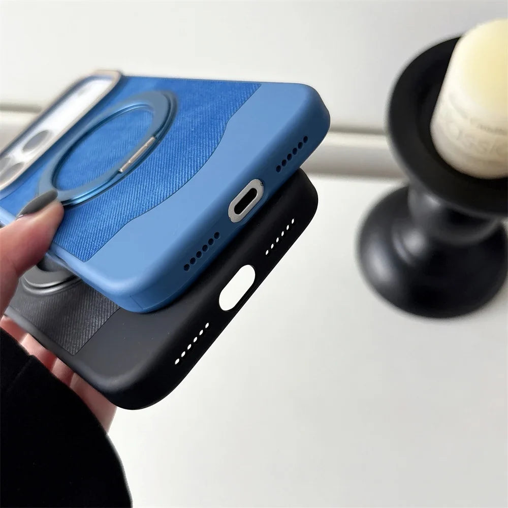 Denim Texture MagSafe iPhone Case with Rotating Ring Stand and Camera Lens Frame