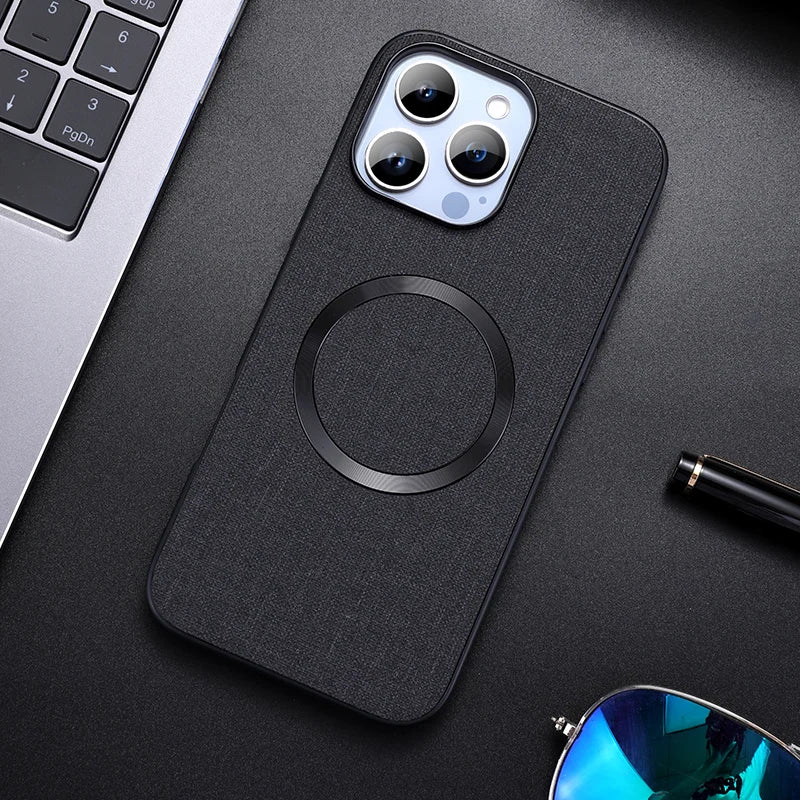 Linen Texture MagSafe iPhone Case with Raised Camera Frame and Lens Guard
