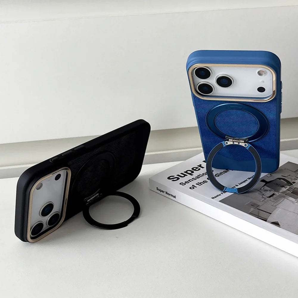 Denim Texture MagSafe iPhone Case with Rotating Ring Stand and Camera Lens Frame