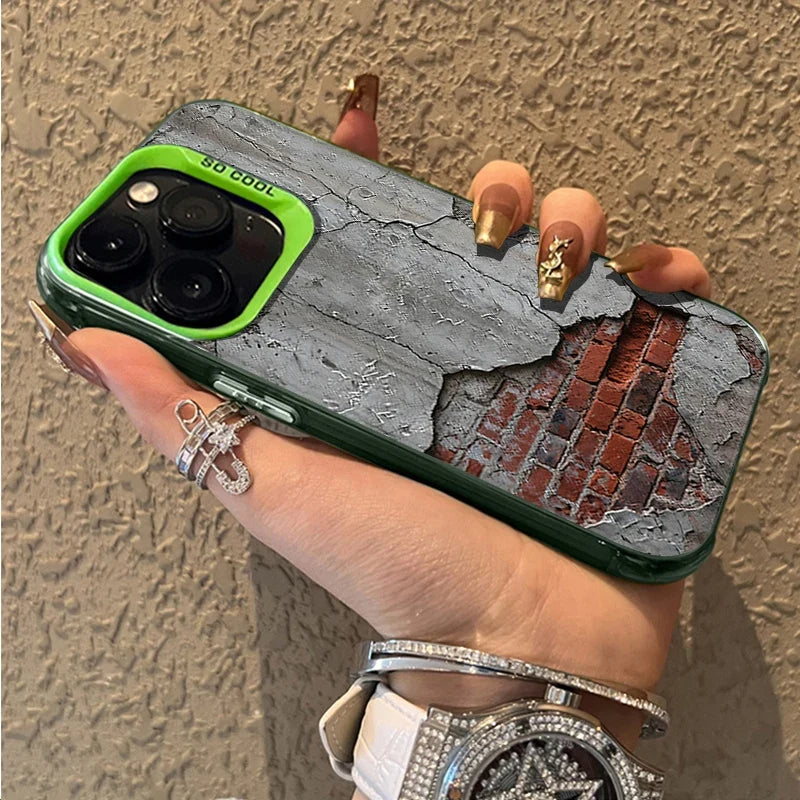 Cracked Cement Wall iPhone Case with Exposed Brick Print and Camera Lens Guard