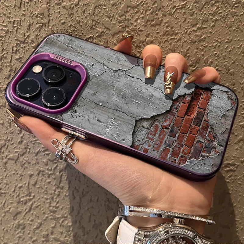 Cracked Cement Wall iPhone Case with Exposed Brick Print and Camera Lens Guard