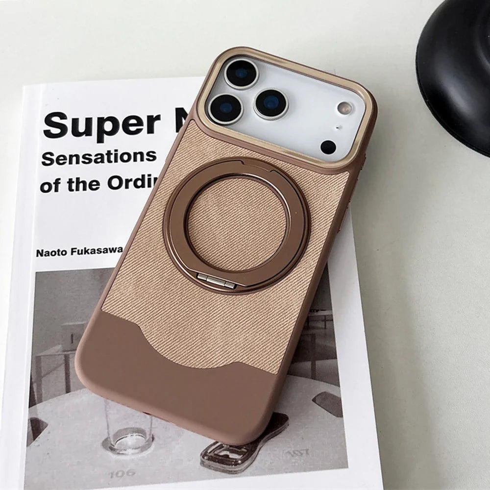 Denim Texture MagSafe iPhone Case with Rotating Ring Stand and Camera Lens Frame