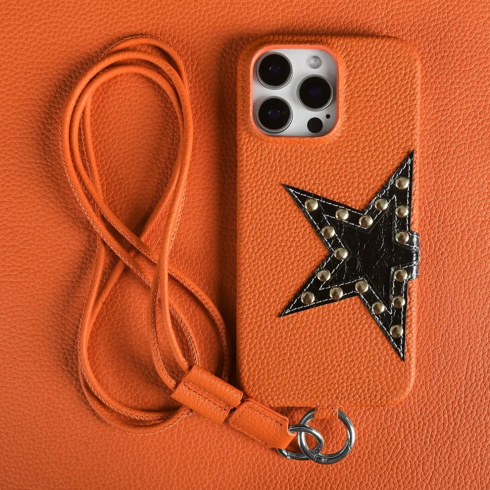 Studded Star iPhone Case with Leather Texture and Detachable Crossbody Lanyard