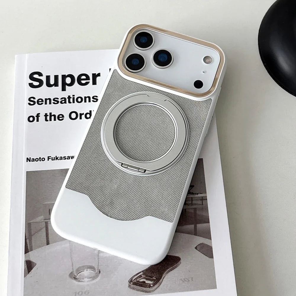 Denim Texture MagSafe iPhone Case with Rotating Ring Stand and Camera Lens Frame