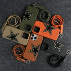 Studded Star iPhone Case with Leather Texture and Detachable Crossbody Lanyard
