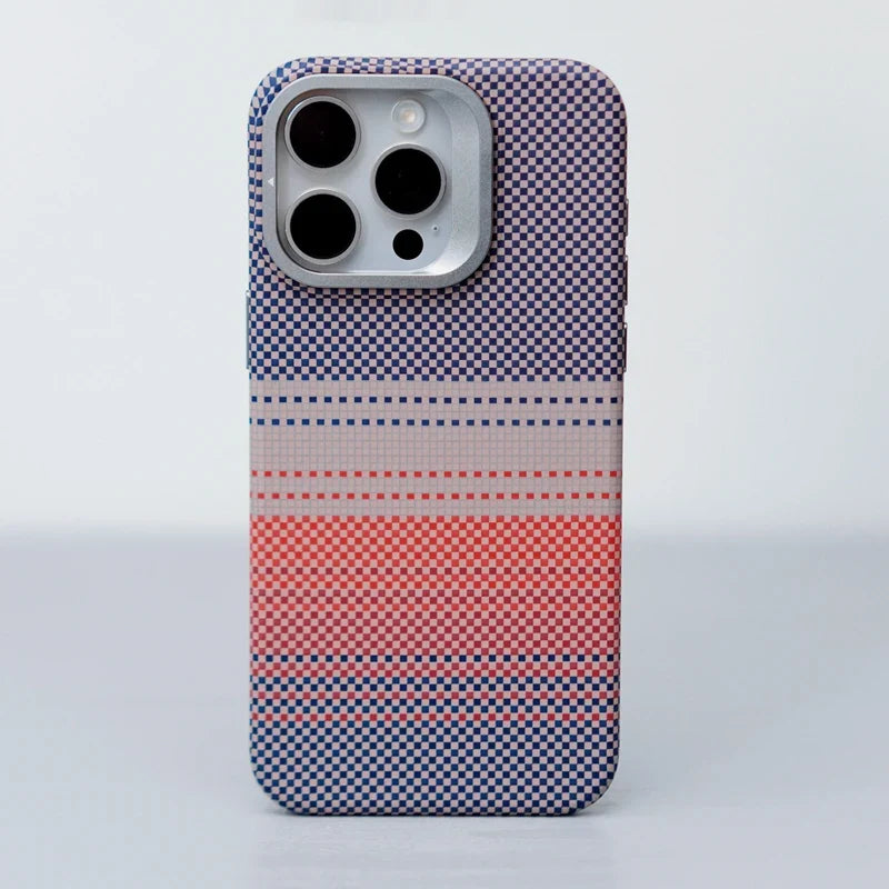 Checkered iPhone Case with Camera Lens Kickstand and Metal Style Frame