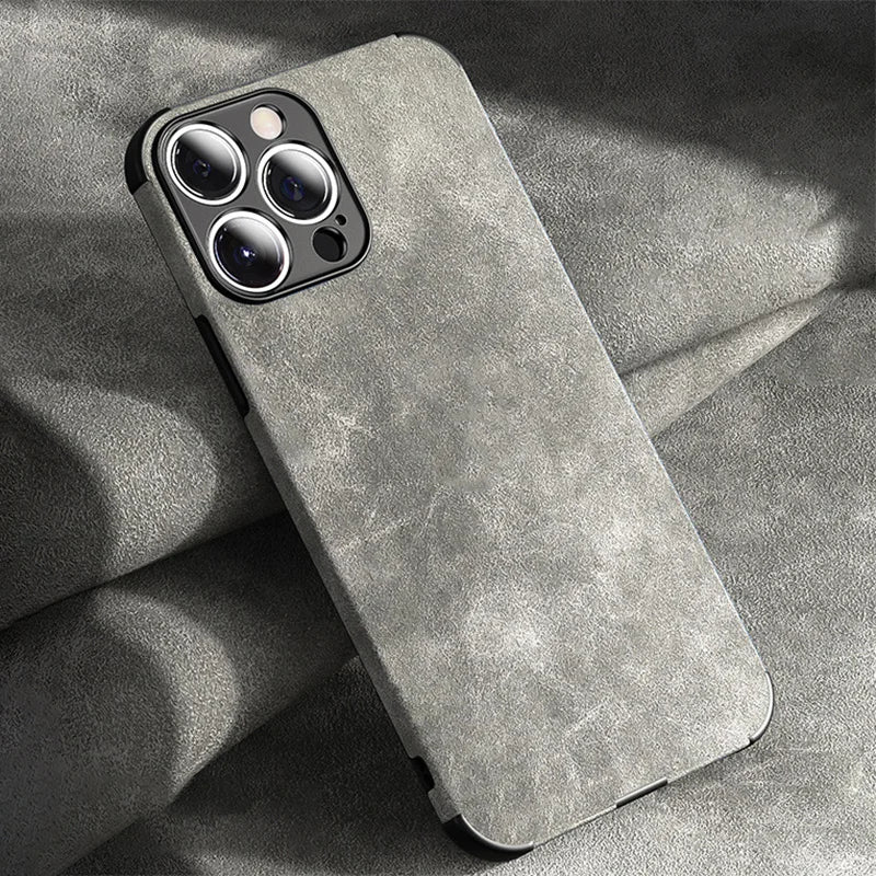 Suede Leather Texture iPhone Case with Metal Camera Lens Frame and Shockproof Corners