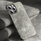 Suede Leather Texture iPhone Case with Metal Camera Lens Frame and Shockproof Corners