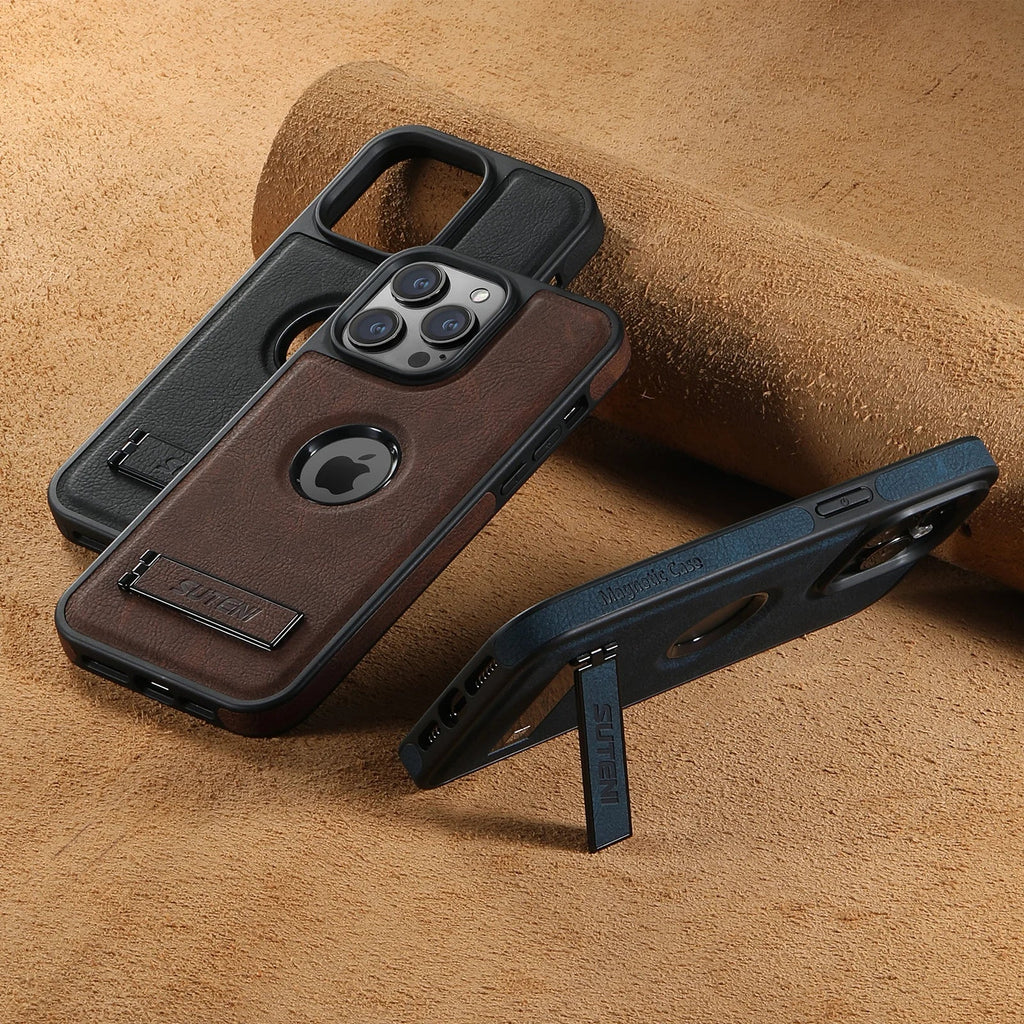 Premium Leather MagSafe iPhone Case with Built In Stand and Logo Cutout