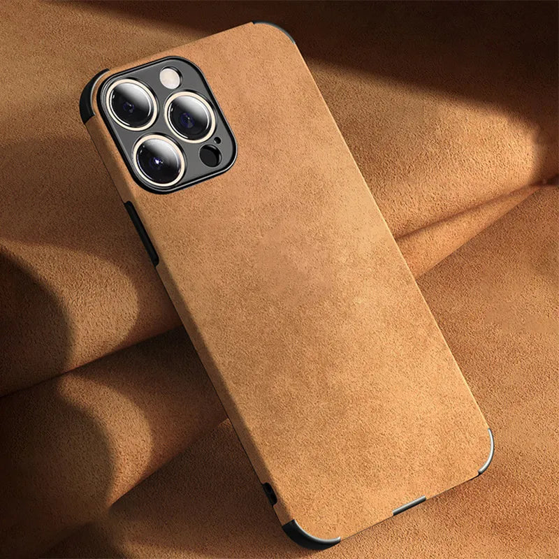 Suede Leather Texture iPhone Case with Metal Camera Lens Frame and Shockproof Corners