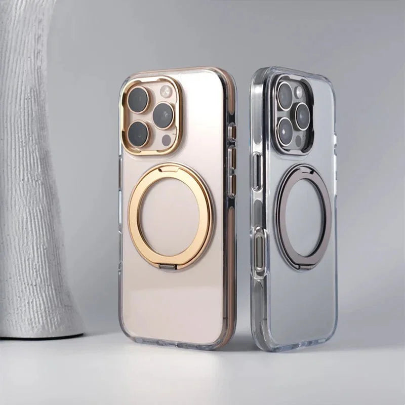 Clear Magnetic iPhone Case with Foldable Ring Stand & Camera Lens Guard