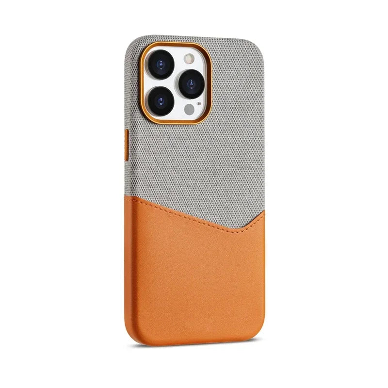 Two Tone Fabric Leather iPhone Case with Back Card Slot and Slim Protective Shell