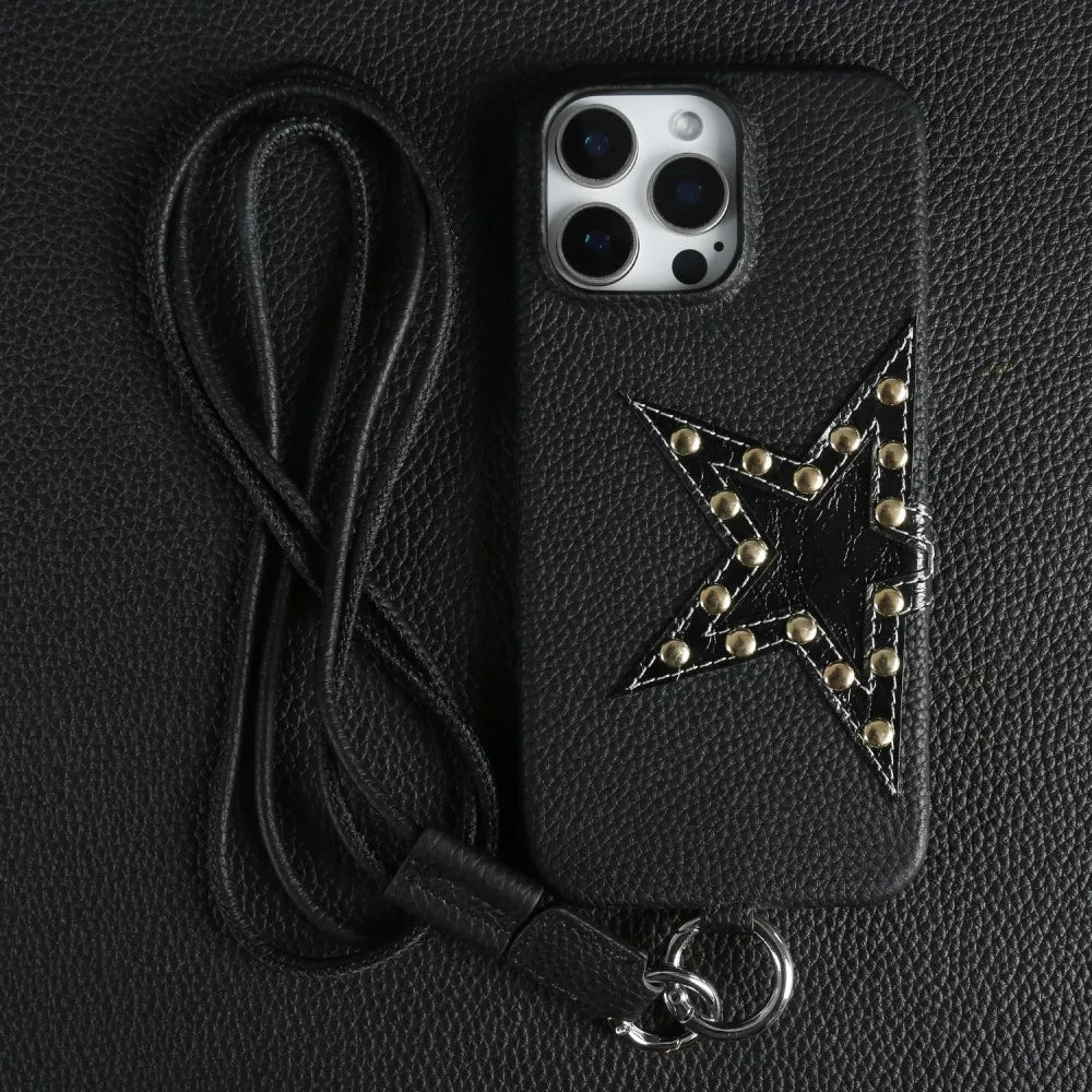 Studded Star iPhone Case with Leather Texture and Detachable Crossbody Lanyard