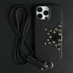 Studded Star iPhone Case with Leather Texture and Detachable Crossbody Lanyard
