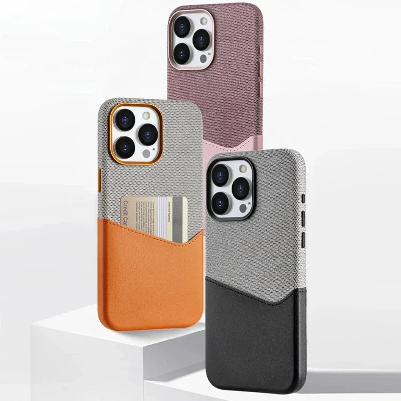 Two Tone Fabric Leather iPhone Case with Back Card Slot and Slim Protective Shell