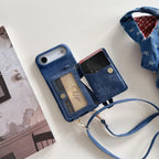 Denim Crossbody iPhone Case with Card Holder Wallet and Detachable Lanyard Strap