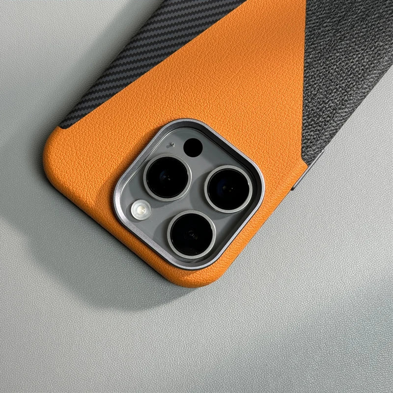 Carbon Fiber Style iPhone Case with Leather and Fabric Panels and Metal Camera Frame