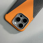 Carbon Fiber Style iPhone Case with Leather and Fabric Panels and Metal Camera Frame