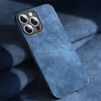 Suede Leather Texture iPhone Case with Metal Camera Lens Frame and Shockproof Corners