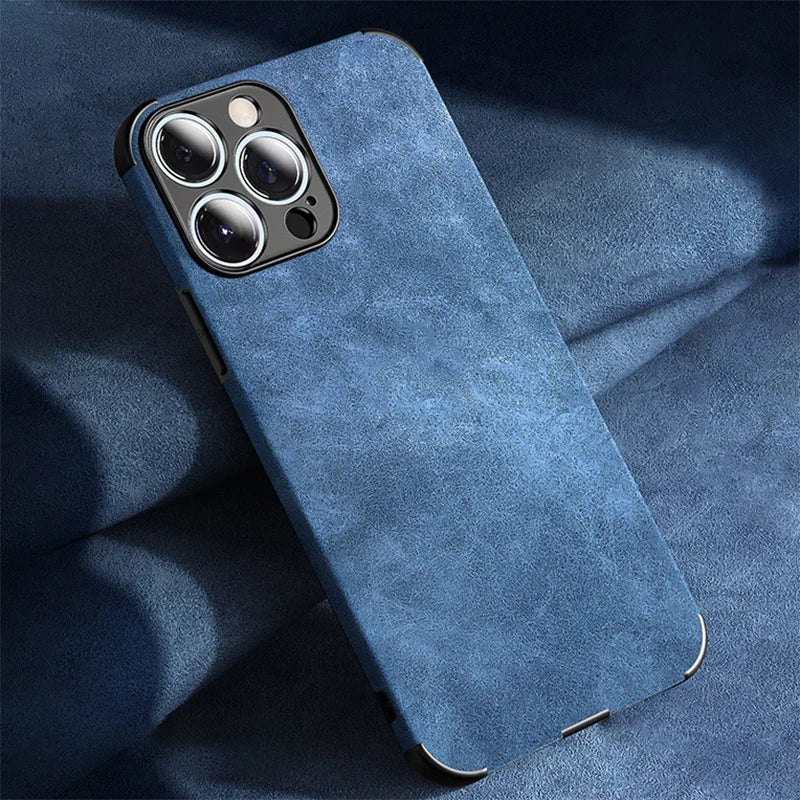 Suede Leather Texture iPhone Case with Metal Camera Lens Frame and Shockproof Corners