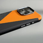 Carbon Fiber Style iPhone Case with Leather and Fabric Panels and Metal Camera Frame