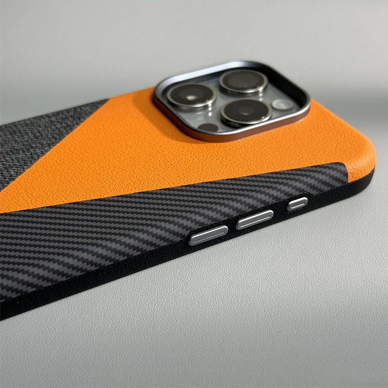 Carbon Fiber Style iPhone Case with Leather and Fabric Panels and Metal Camera Frame