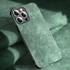 Suede Leather Texture iPhone Case with Metal Camera Lens Frame and Shockproof Corners