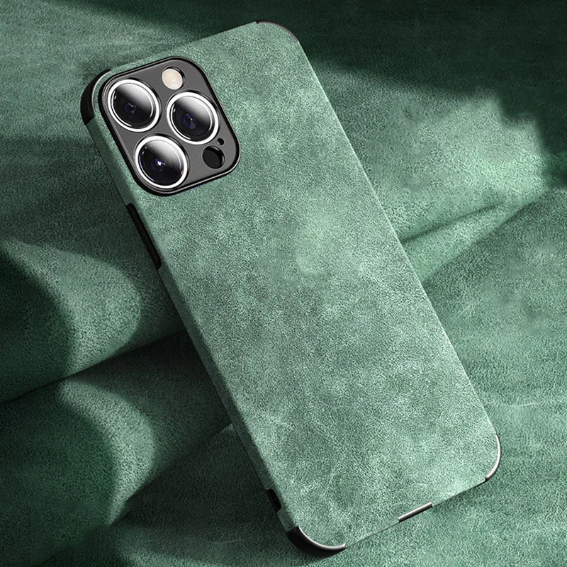 Suede Leather Texture iPhone Case with Metal Camera Lens Frame and Shockproof Corners