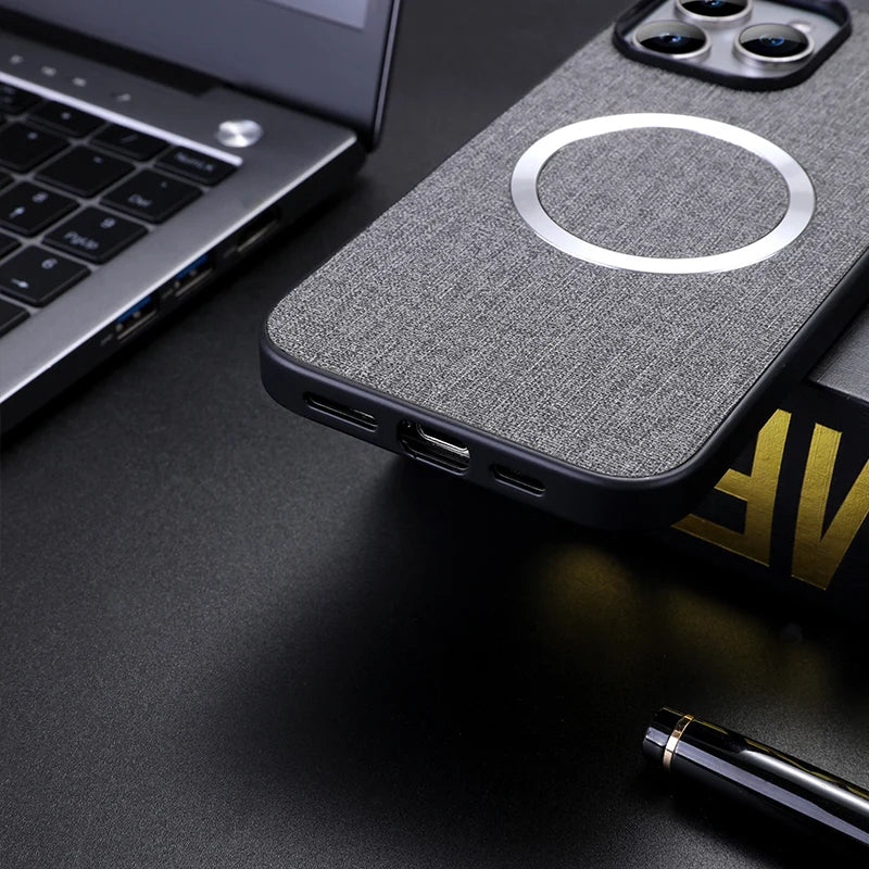 Linen Texture MagSafe iPhone Case with Raised Camera Frame and Lens Guard