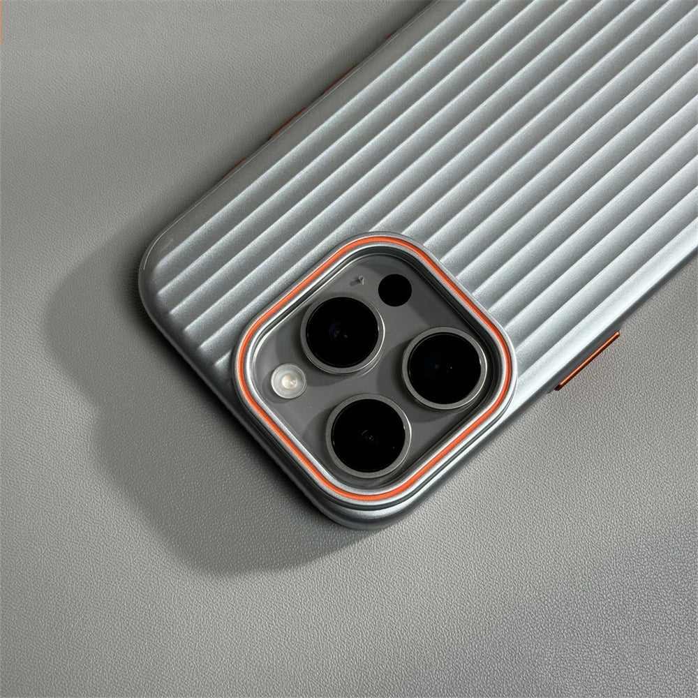 Ribbed Stripe iPhone Case with Metal Style Camera Frame and Button Covers