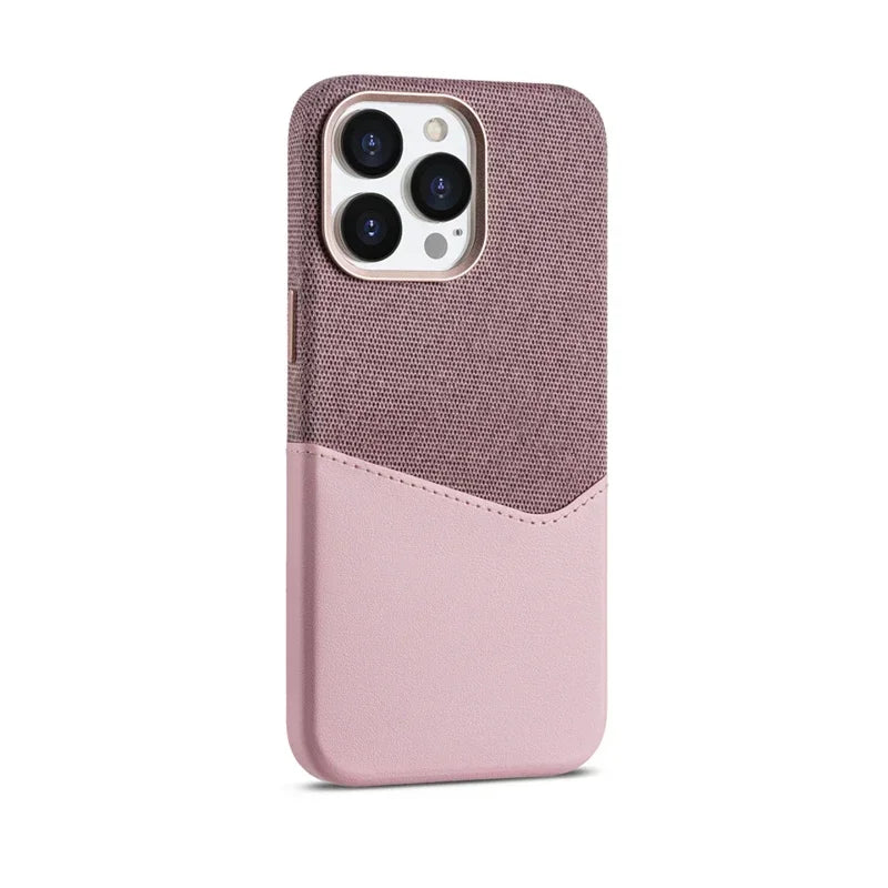 Two Tone Fabric Leather iPhone Case with Back Card Slot and Slim Protective Shell