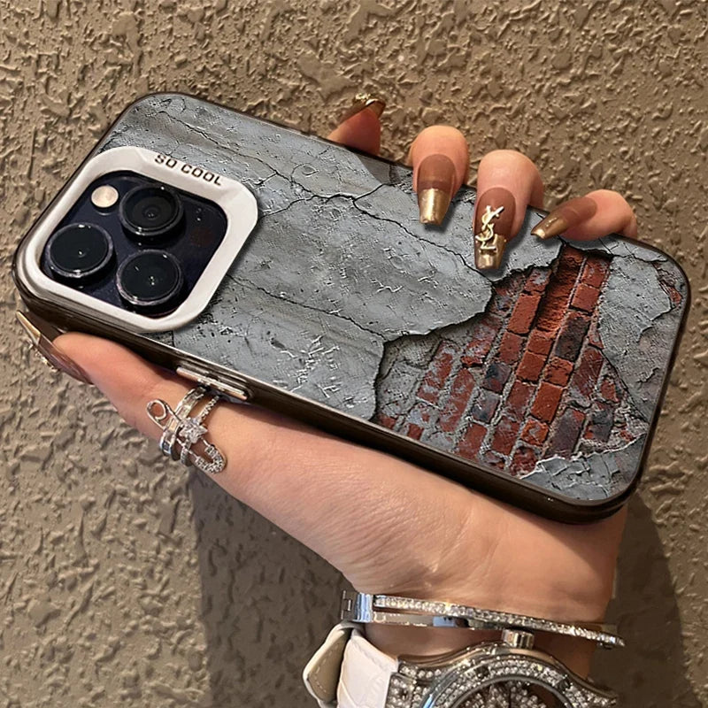 Cracked Cement Wall iPhone Case with Exposed Brick Print and Camera Lens Guard