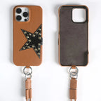 Studded Star iPhone Case with Leather Texture and Detachable Crossbody Lanyard