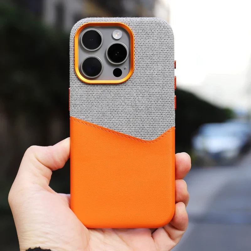 Two Tone Fabric Leather iPhone Case with Back Card Slot and Slim Protective Shell