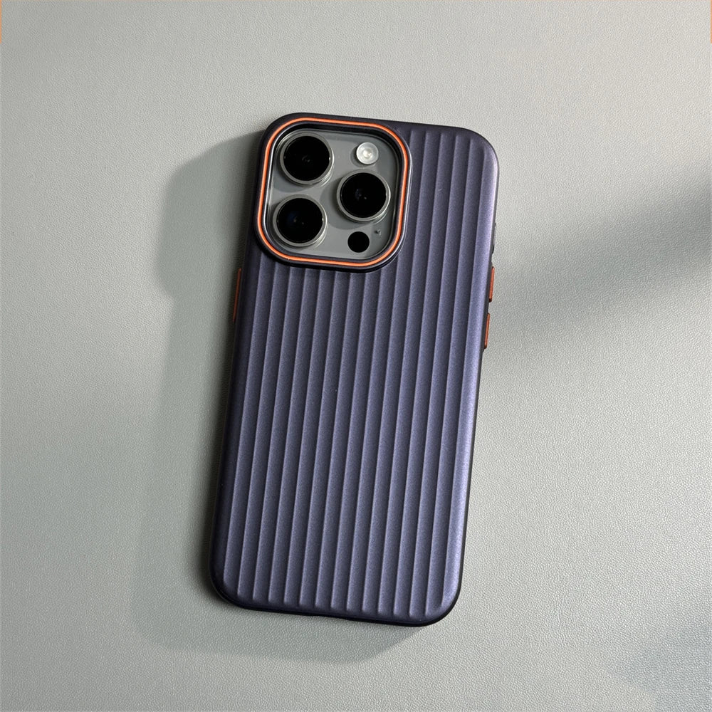 Ribbed Stripe iPhone Case with Metal Style Camera Frame and Button Covers